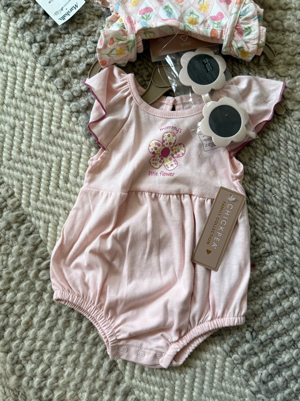 3 pc set chick pea Pink Floral 'Mommy's Little Flower' Baby One-Piece sunglasses